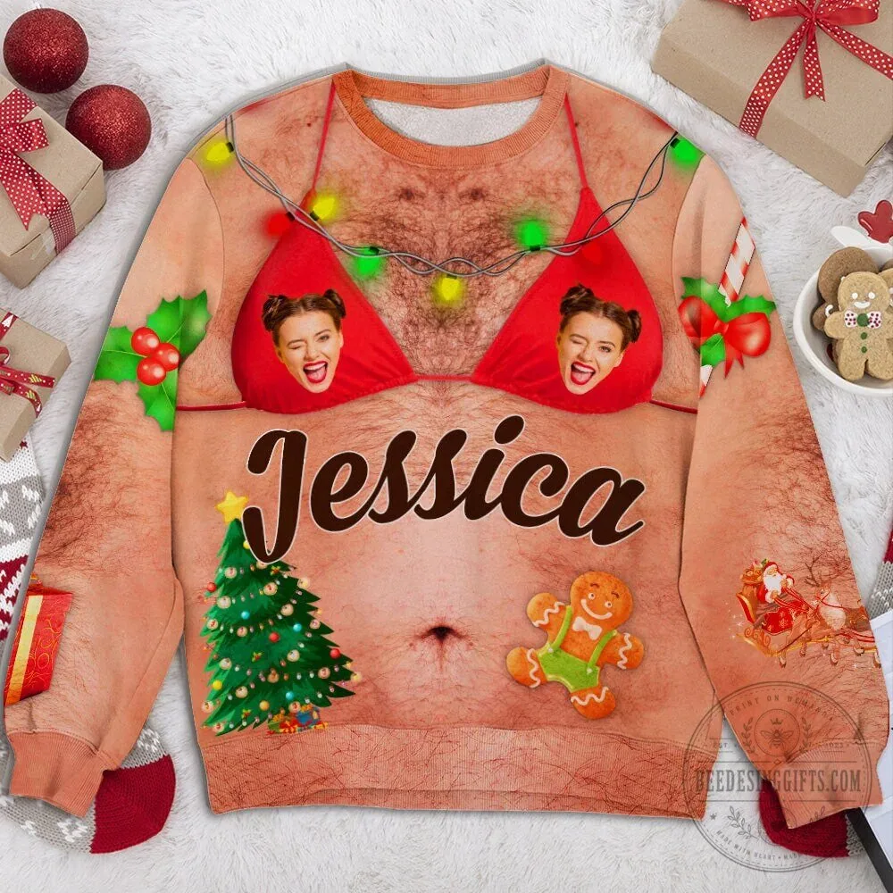 Personalized Naughty Christmas Hairy Chest Bikini Ugly Sweater