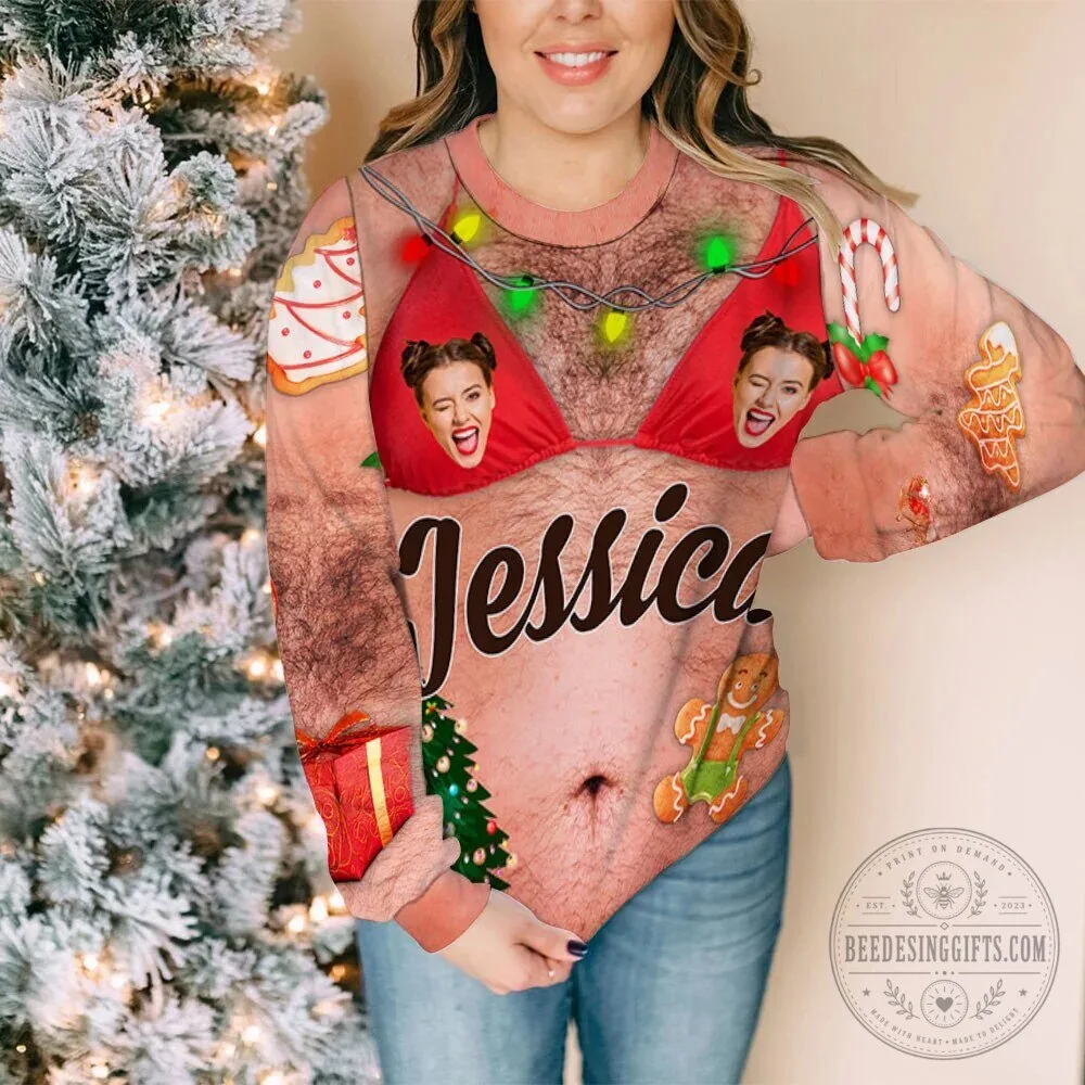 Personalized Naughty Christmas Hairy Chest Bikini Ugly Sweater 10 Personalized Naughty Christmas Hairy Chest Bikini Ugly Sweater