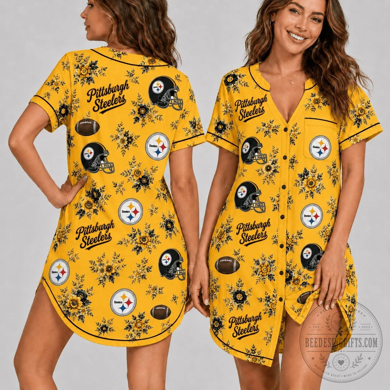 Pittsburgh Football Steelers Sunflowers Women's Pajama Dress Sleepshirt