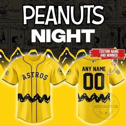 Houston Astros Peanuts Night Custom Baseball Jersey with Personalized Name and Number