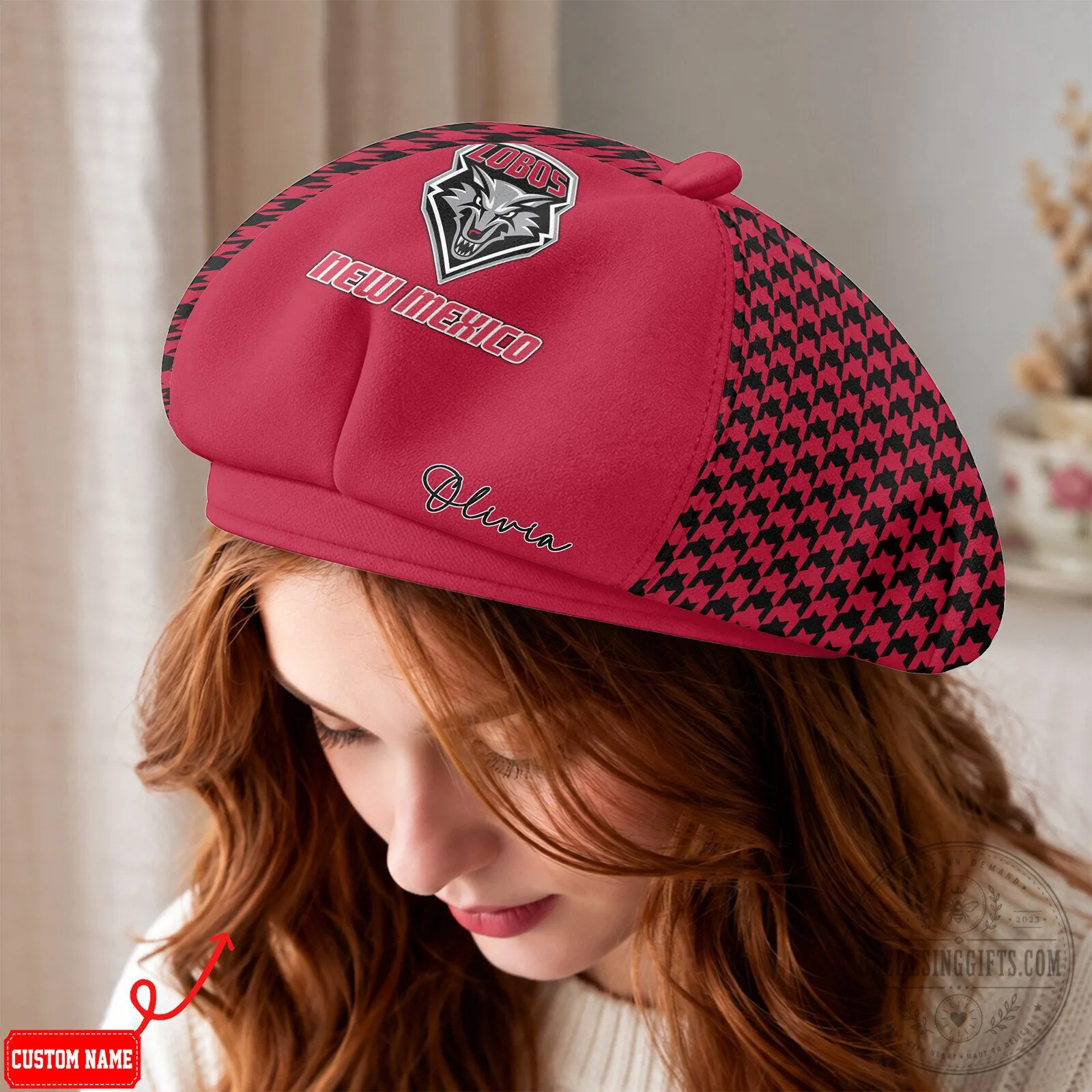 New Mexico Lobos Houndstooth Pattern Custom Name Beret Hat for Women