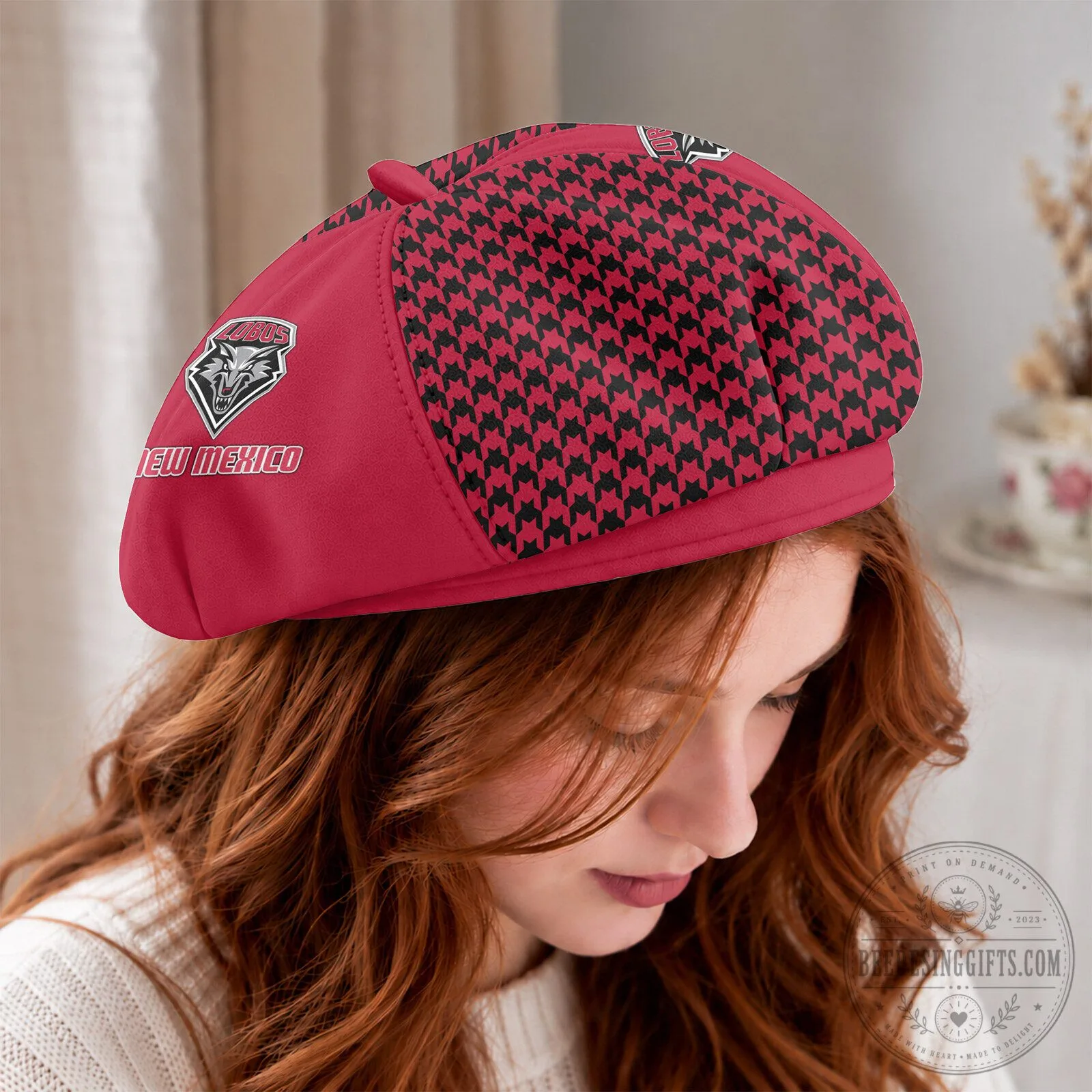 New Mexico Lobos Houndstooth Pattern Custom Name Beret Hat for Women 9 New Mexico Lobos Houndstooth Pattern Custom Name Beret Hat for Women