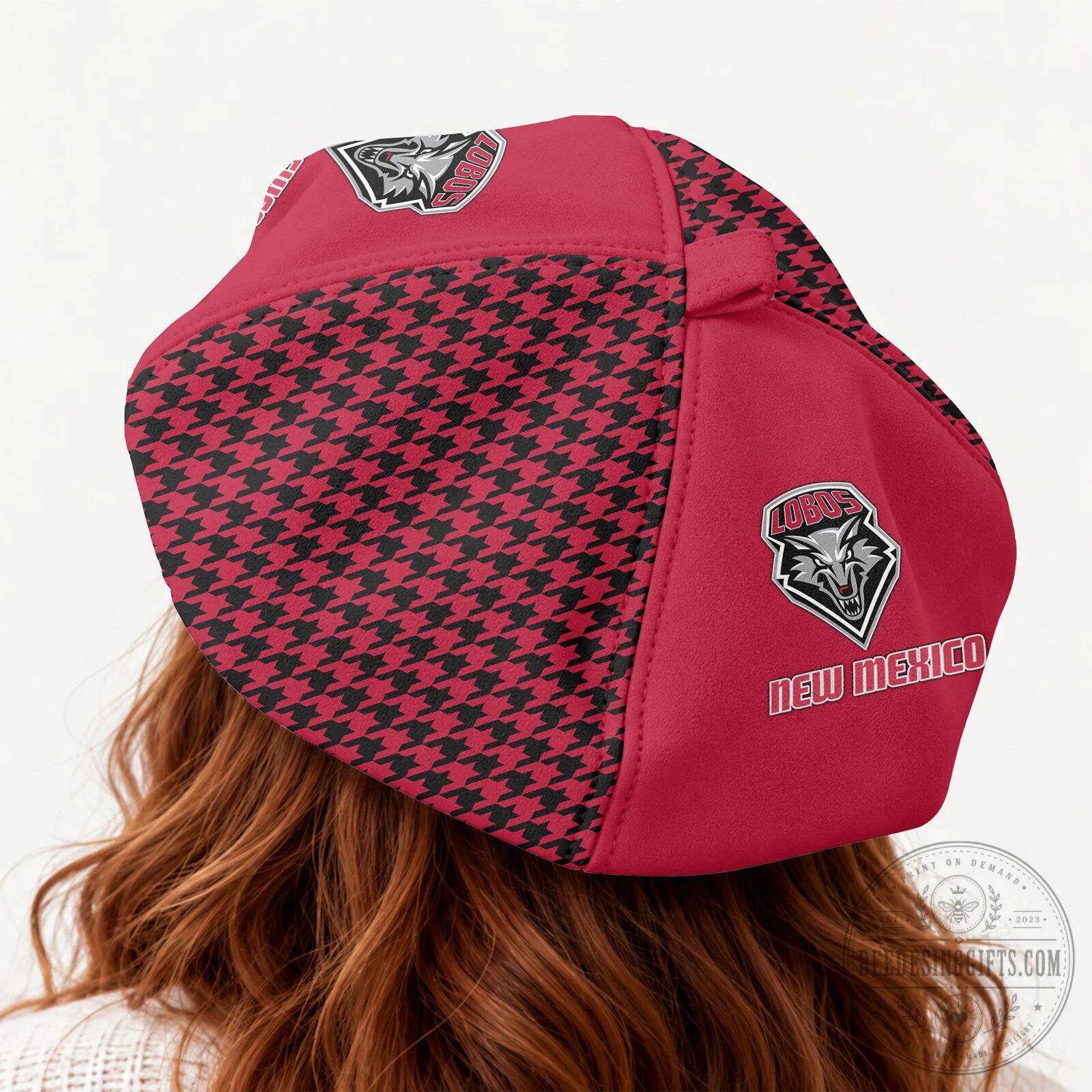New Mexico Lobos Houndstooth Pattern Custom Name Beret Hat for Women 10 New Mexico Lobos Houndstooth Pattern Custom Name Beret Hat for Women