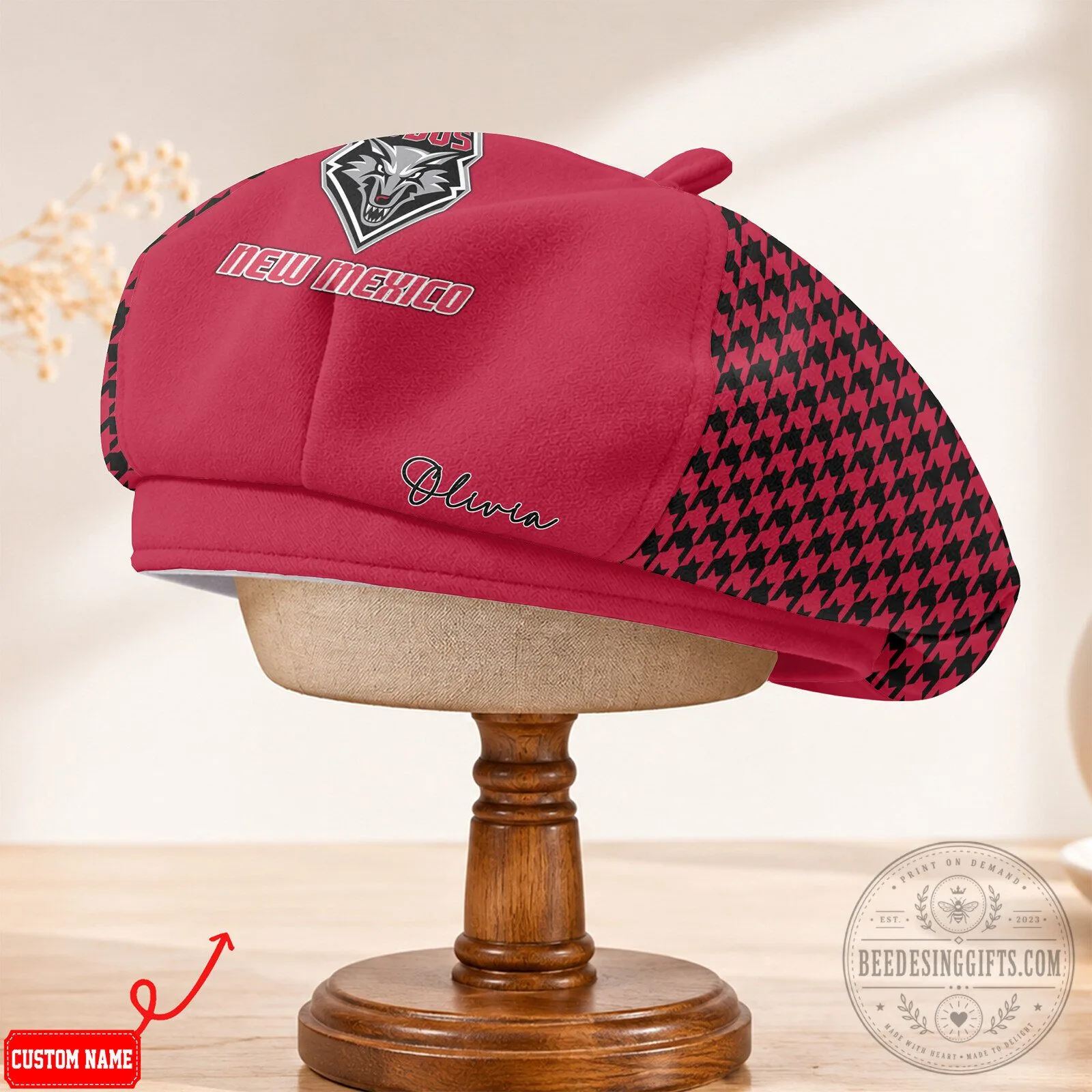 New Mexico Lobos Houndstooth Pattern Custom Name Beret Hat for Women 11 New Mexico Lobos Houndstooth Pattern Custom Name Beret Hat for Women