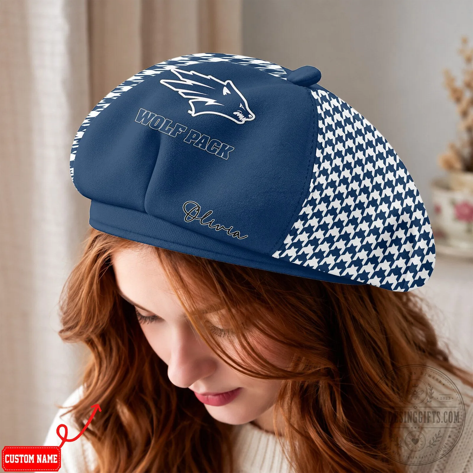 Nevada Wolf Pack Houndstooth Custom Name Beret Cap Hat