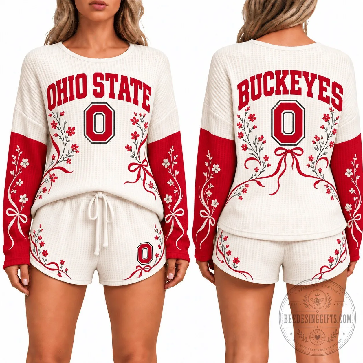 Ohio State Buckeyes Floral Waffle Knit Women's Pajamas Set