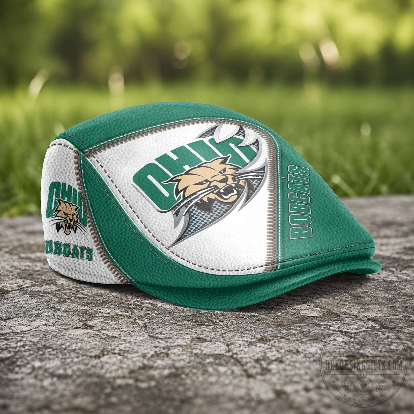 Ohio Bobcats NCAA Green and White Flat Cap, Golf Hat for Men and Women