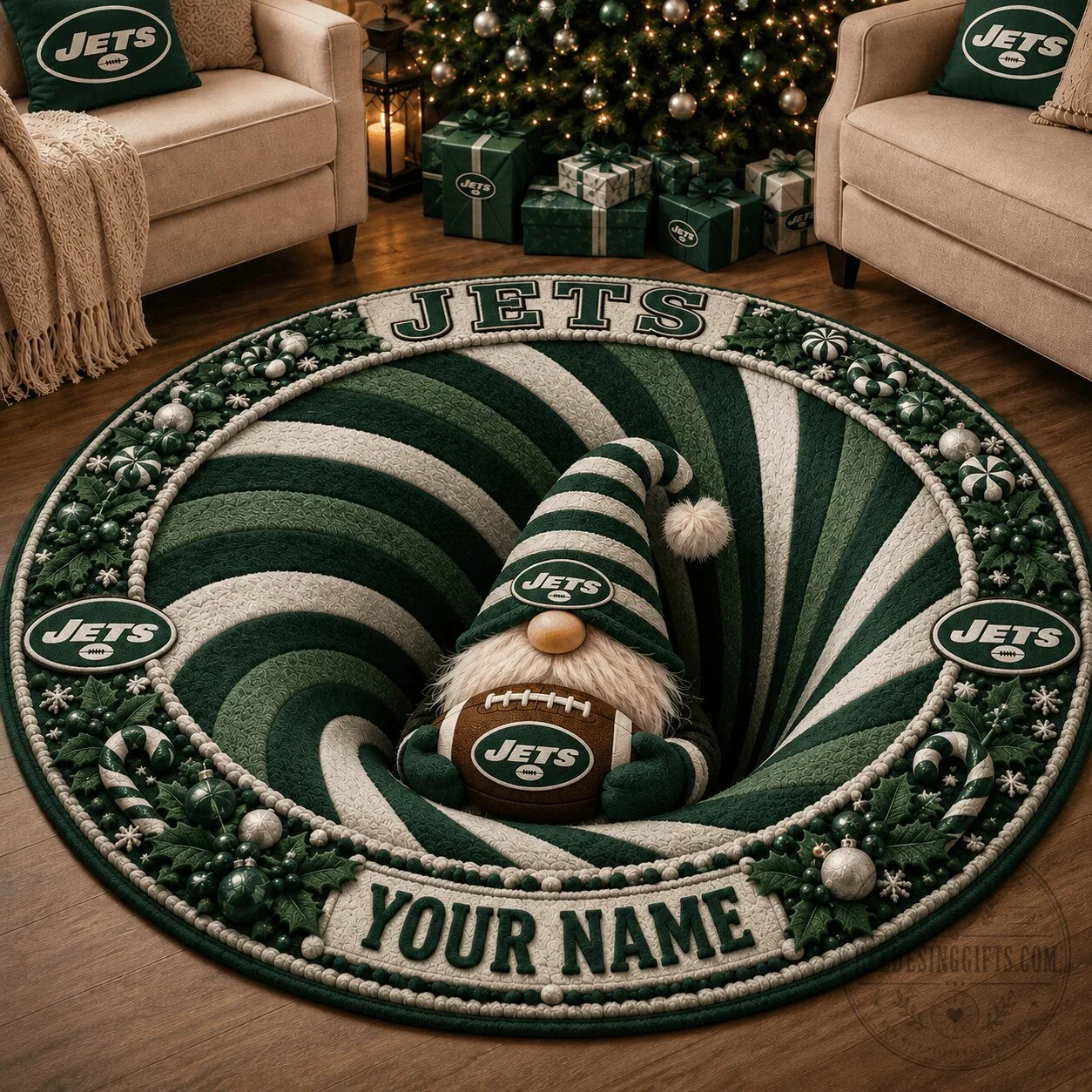 New York Jets Christmas Gnome Swirl Custom Name Round Rug