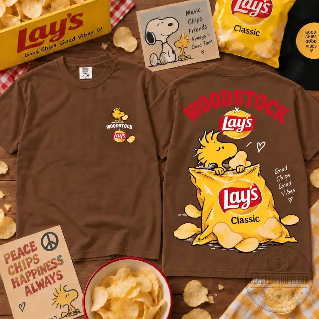 Woodstock Snoopy and Lay's Classic Potato Chips Brown T-Shirt Woodstock Snoopy and Lay's Classic Potato Chips Brown T-Shirt