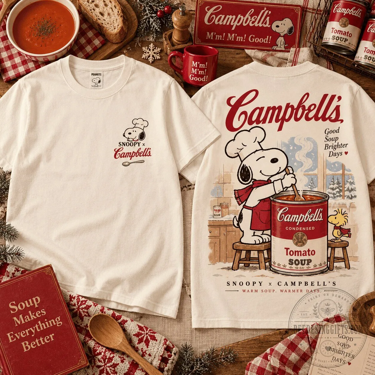 Snoopy and Campbell's Soup Chef Peanuts Character White Cotton T-Shirt 2 Snoopy and Campbell's Soup Chef Peanuts Character White Cotton T-Shirt