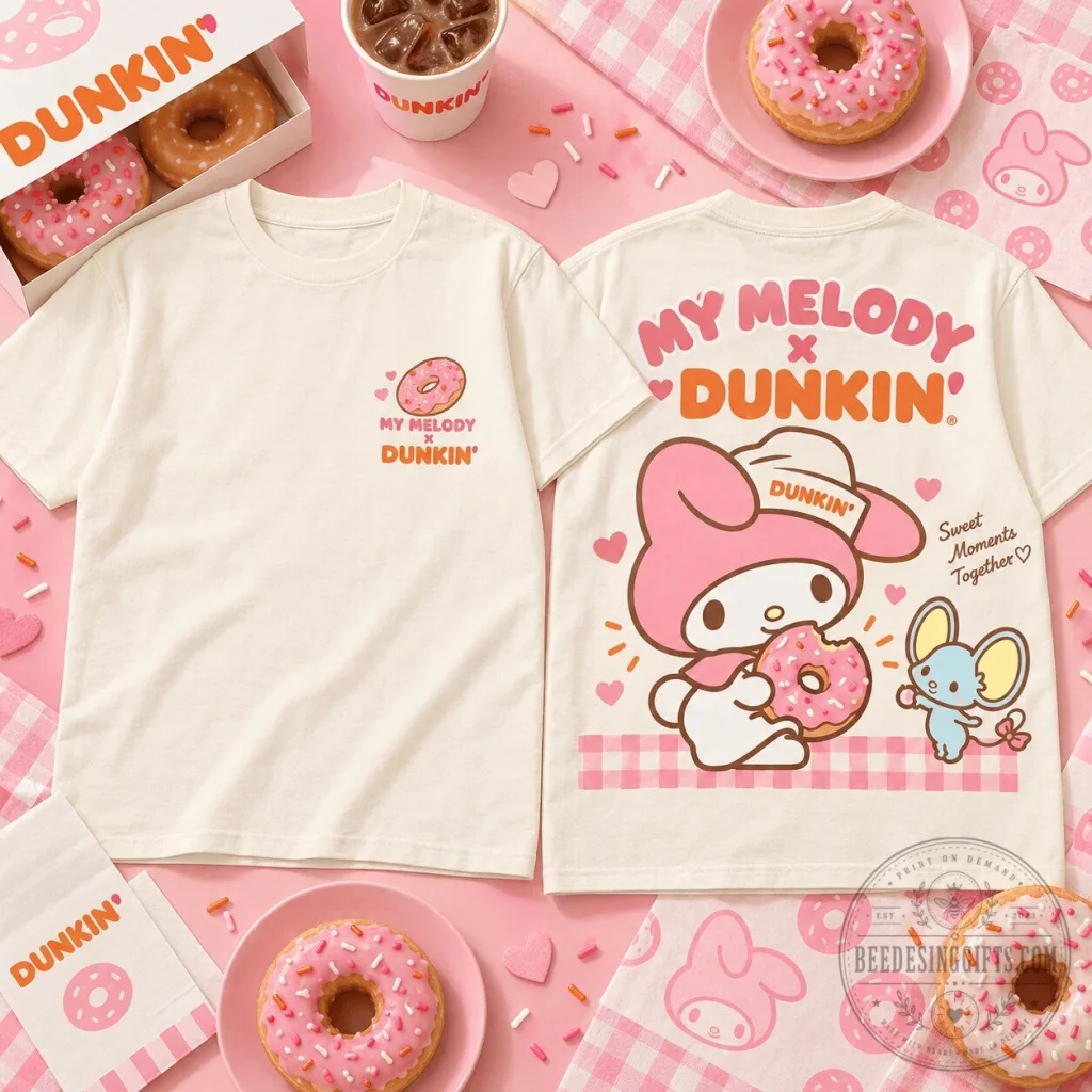 Dunkin Donuts My Melody Sanrio Character Sweet Moments Together T-Shirt Dunkin Donuts My Melody Sanrio Character Sweet Moments Together T-Shirt
