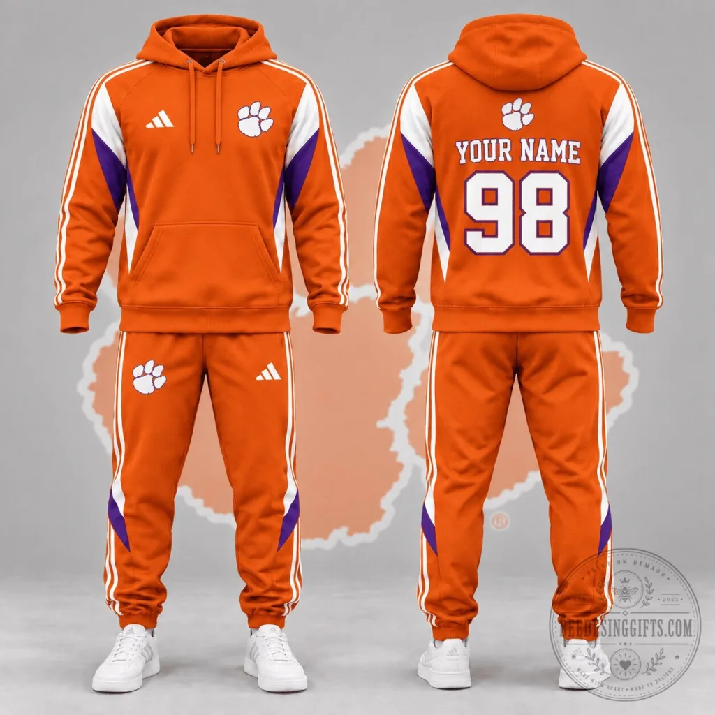 Clemson Tigers Personalized Orange Hoodie and Jogger Tracksuit Clemson Tigers Personalized Orange Hoodie and Jogger Tracksuit