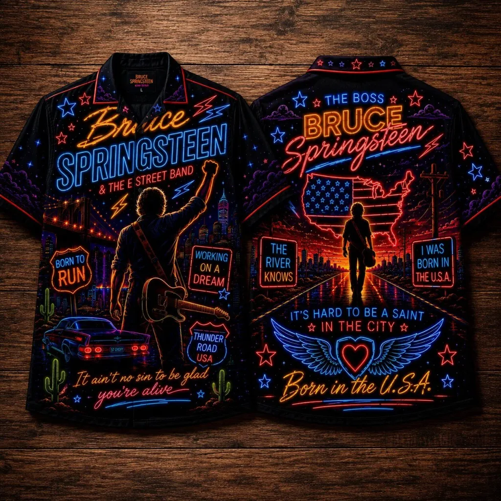 Bruce Springsteen & The E Street Band Neon Glow Hawaiian Shirt Bruce Springsteen & The E Street Band Neon Glow Hawaiian Shirt