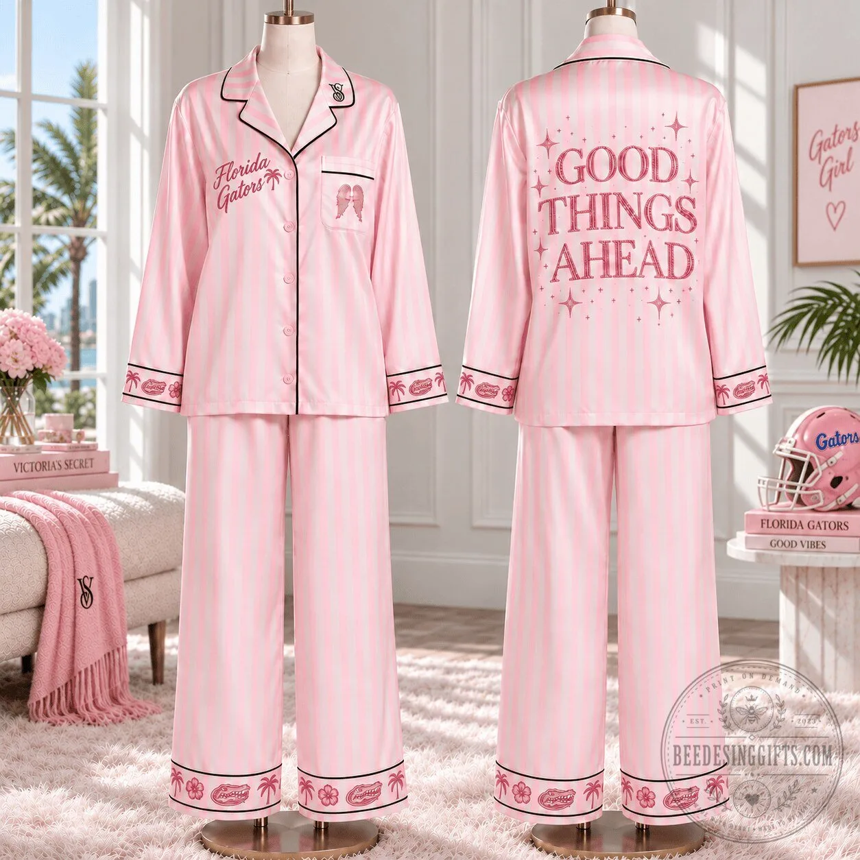 Florida Gators Women's Pink Striped Satin Pajama Set 2 Florida Gators Women's Pink Striped Satin Pajama Set