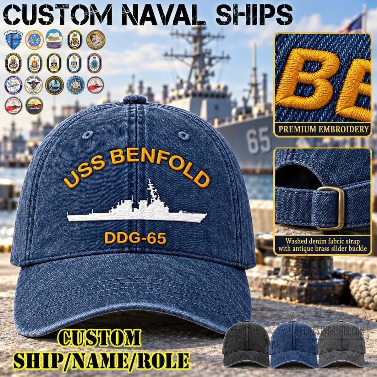 USS Benfold DDG-65 United States Naval Ship Embroidered Washed Denim Baseball Cap Hat 2 USS Benfold DDG-65 United States Naval Ship Embroidered Washed Denim Baseball Cap Hat