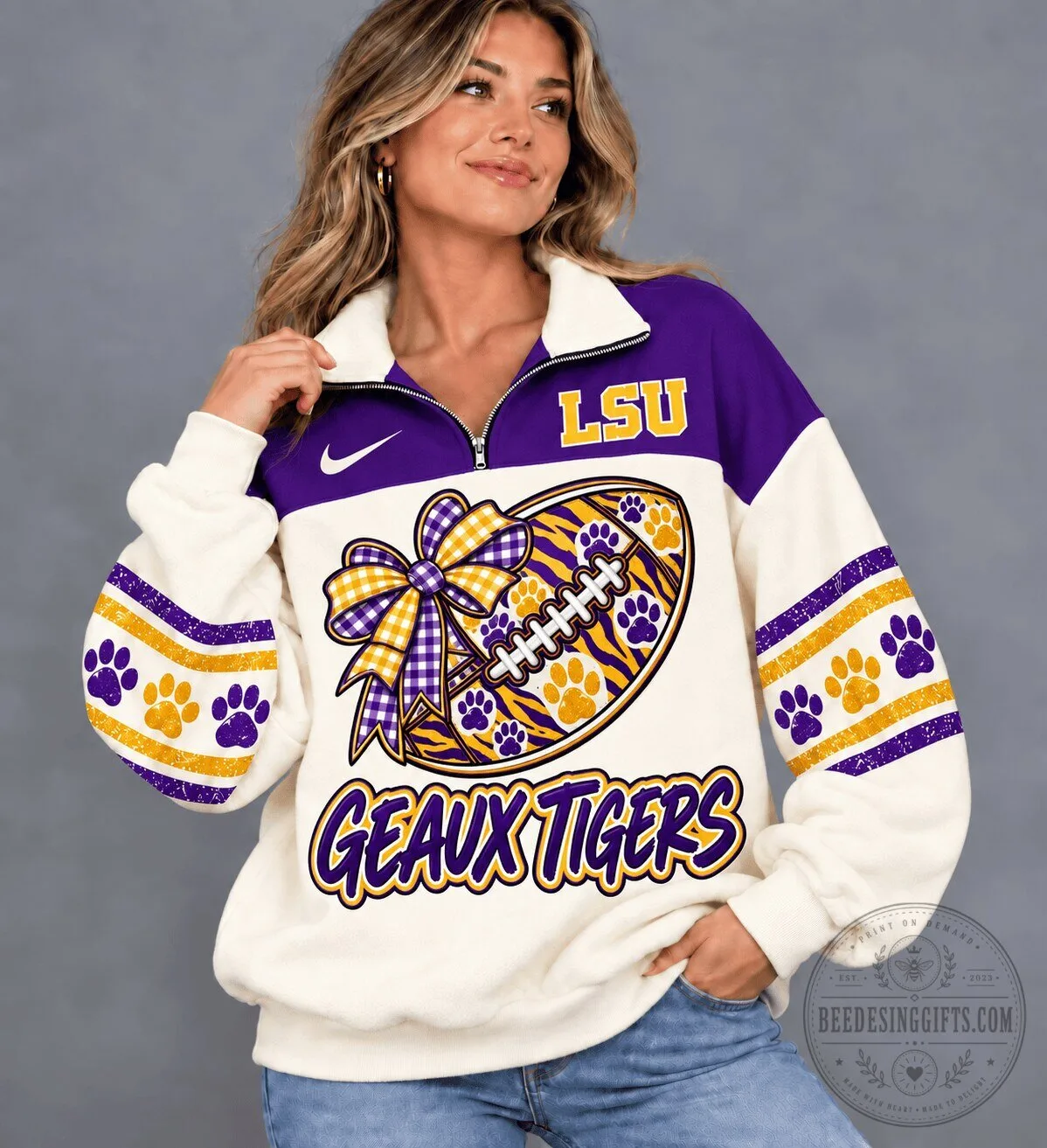 LSU Tigers Football Quarter-Zip Sweatshirt with Paw Prints and Bow