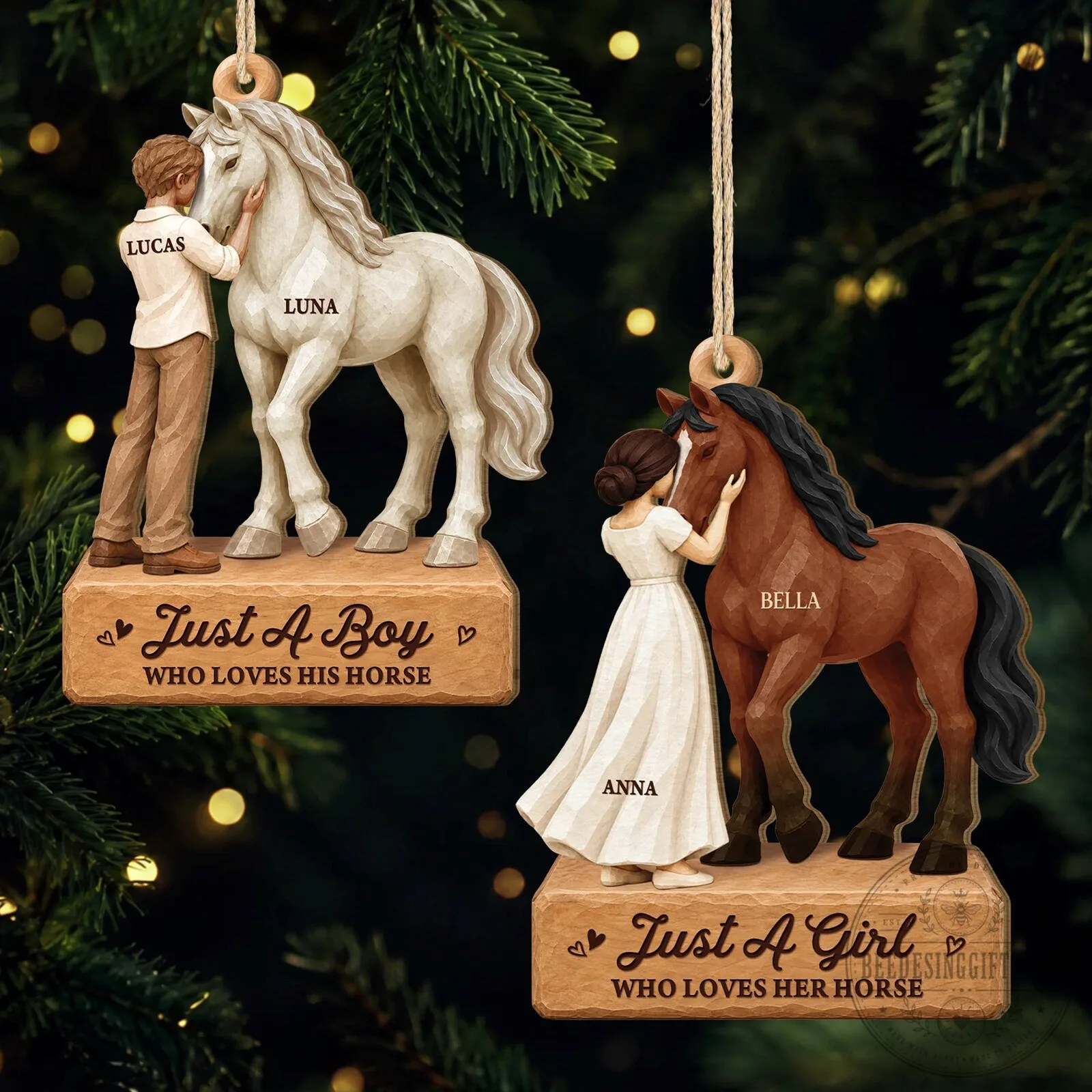 Personalized Boy or Girl and Horse Christmas Tree Ornament - Custom Wooden Gift