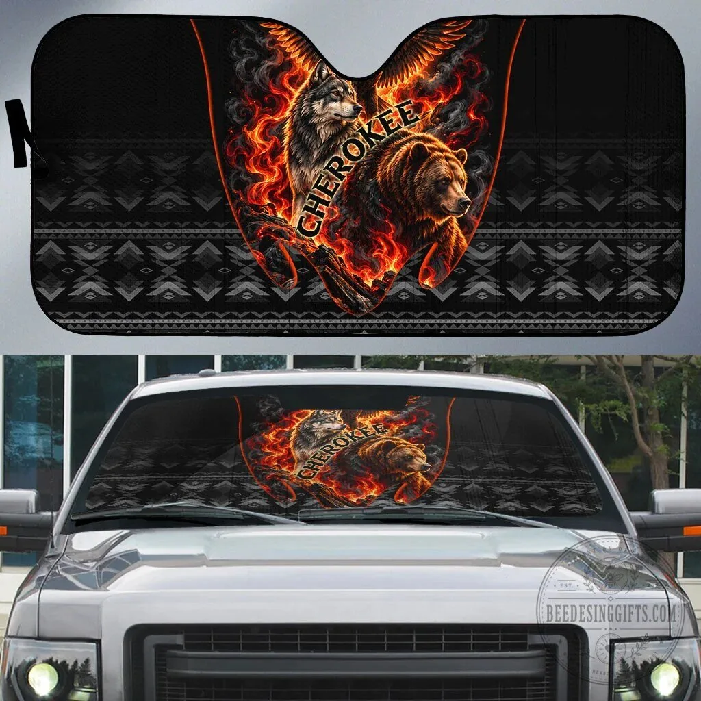 Cherokee Spirit Animals Fiery Tribal Art Native Geometric Patterns Car Sunshade 6 Cherokee Spirit Animals Fiery Tribal Art Native Geometric Patterns Car Sunshade