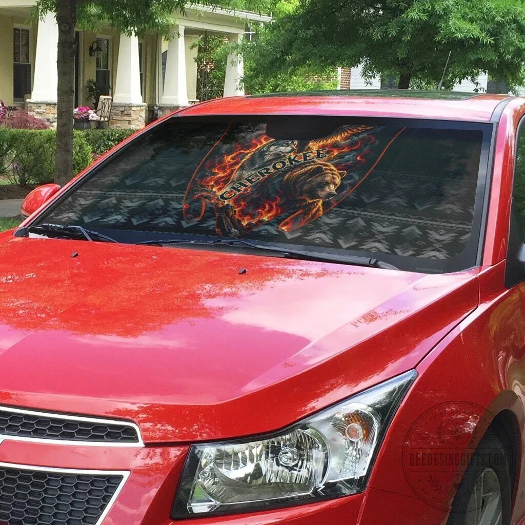 Cherokee Spirit Animals Fiery Tribal Art Native Geometric Patterns Car Sunshade 8 Cherokee Spirit Animals Fiery Tribal Art Native Geometric Patterns Car Sunshade