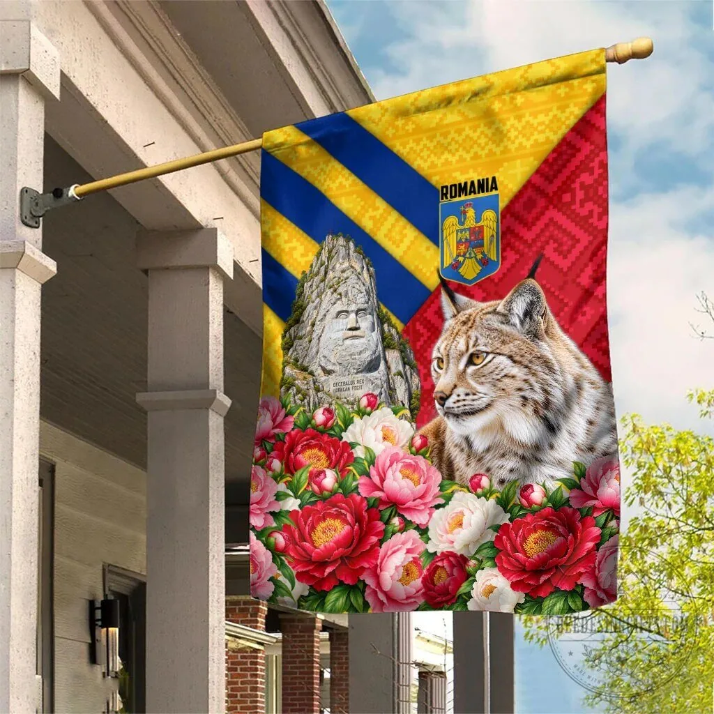 Romania Lynx and Decebalus Rex Garden Flag with Traditional Folk Pattern and Peony Flowers 9 Romania Lynx and Decebalus Rex Garden Flag with Traditional Folk Pattern and Peony Flowers