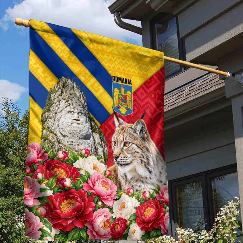 Romania Lynx and Decebalus Rex Garden Flag with Traditional Folk Pattern and Peony Flowers 10 Romania Lynx and Decebalus Rex Garden Flag with Traditional Folk Pattern and Peony Flowers