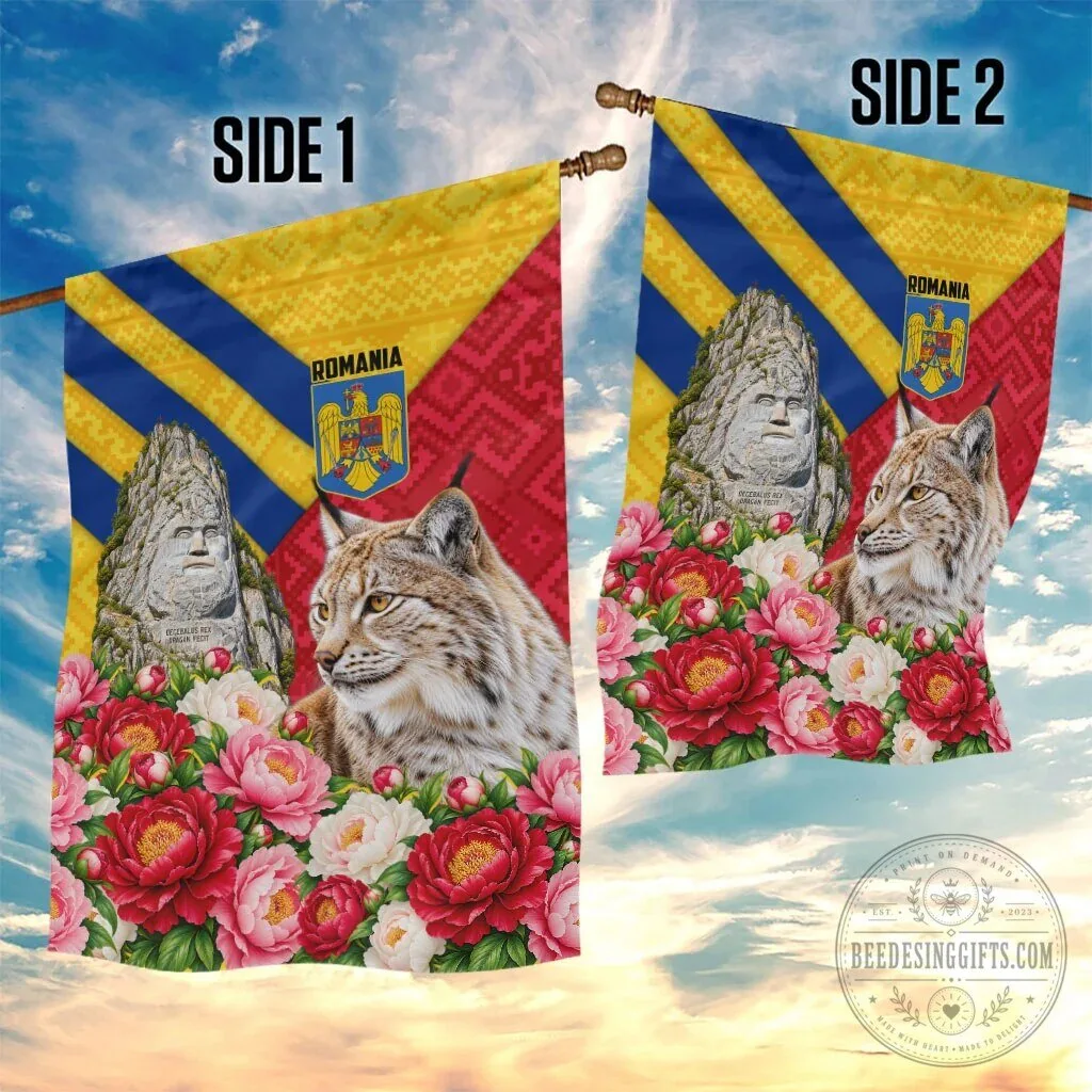 Romania Lynx and Decebalus Rex Garden Flag with Traditional Folk Pattern and Peony Flowers 11 Romania Lynx and Decebalus Rex Garden Flag with Traditional Folk Pattern and Peony Flowers