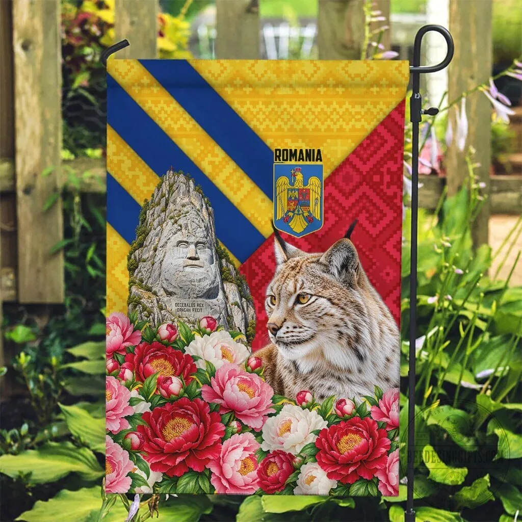 Romania Lynx and Decebalus Rex Garden Flag with Traditional Folk Pattern and Peony Flowers 12 Romania Lynx and Decebalus Rex Garden Flag with Traditional Folk Pattern and Peony Flowers