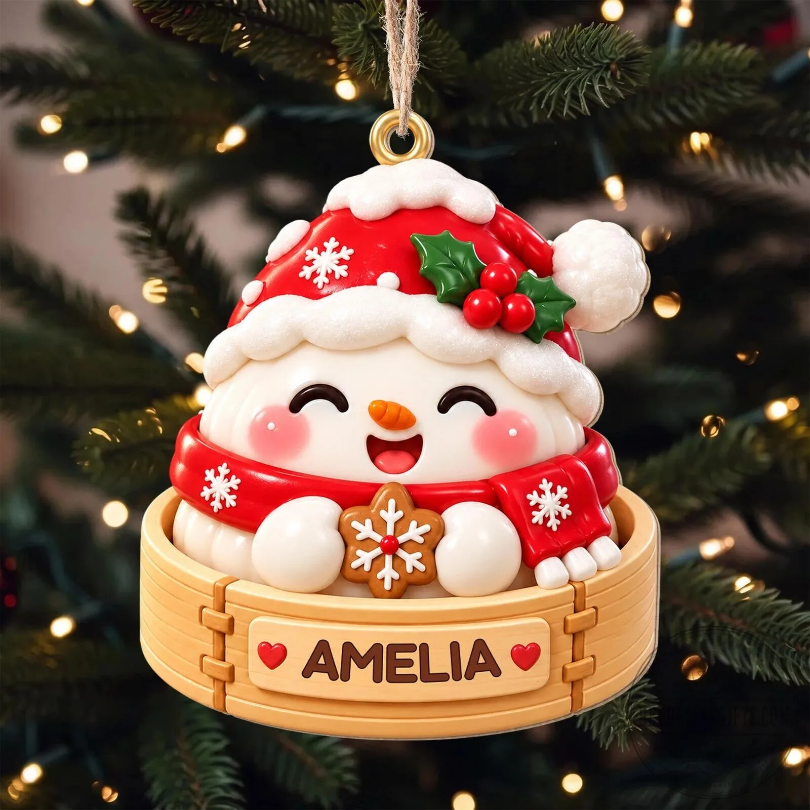 Personalized Snowman Dumpling Christmas Ornament with Name, Cute Winter Holiday Decor
