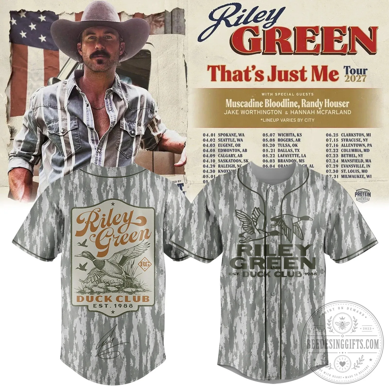 Riley Green That's Just Me Tour Duck Club Baseball Jersey