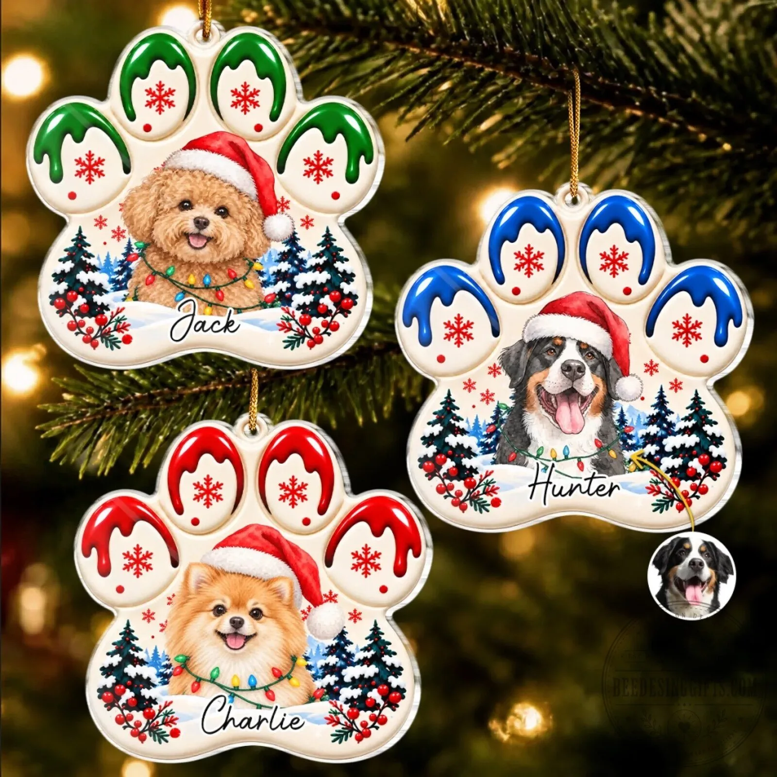 Personalized Pet Photo Christmas Paw Print Ornament for Dog and Cat Lovers