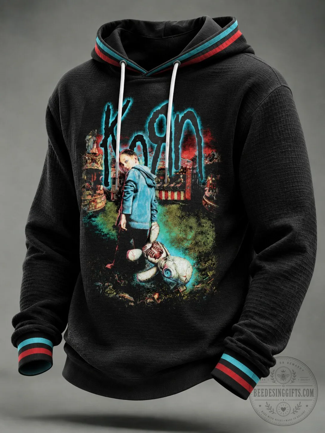 Korn Band Follow The Leader Album Cover Black Waffle Knit Hoodie 1 Korn Band Follow The Leader Album Cover Black Waffle Knit Hoodie