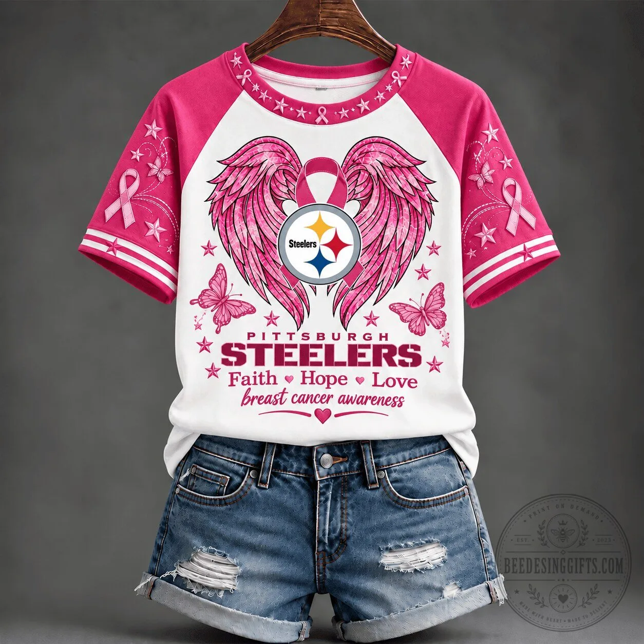 Breast Cancer Awareness T-Shirt featuring Faith, Hope, Love for Pittsburgh Steelers Fans