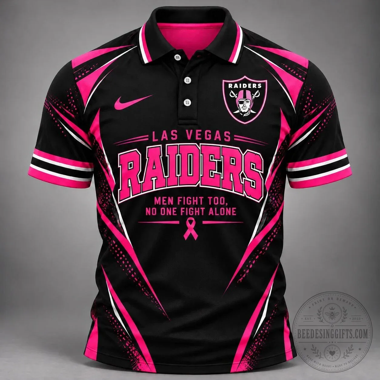 Las Vegas Raiders Breast Cancer Awareness Men Fight Too No One Fights Alone Polo Shirt