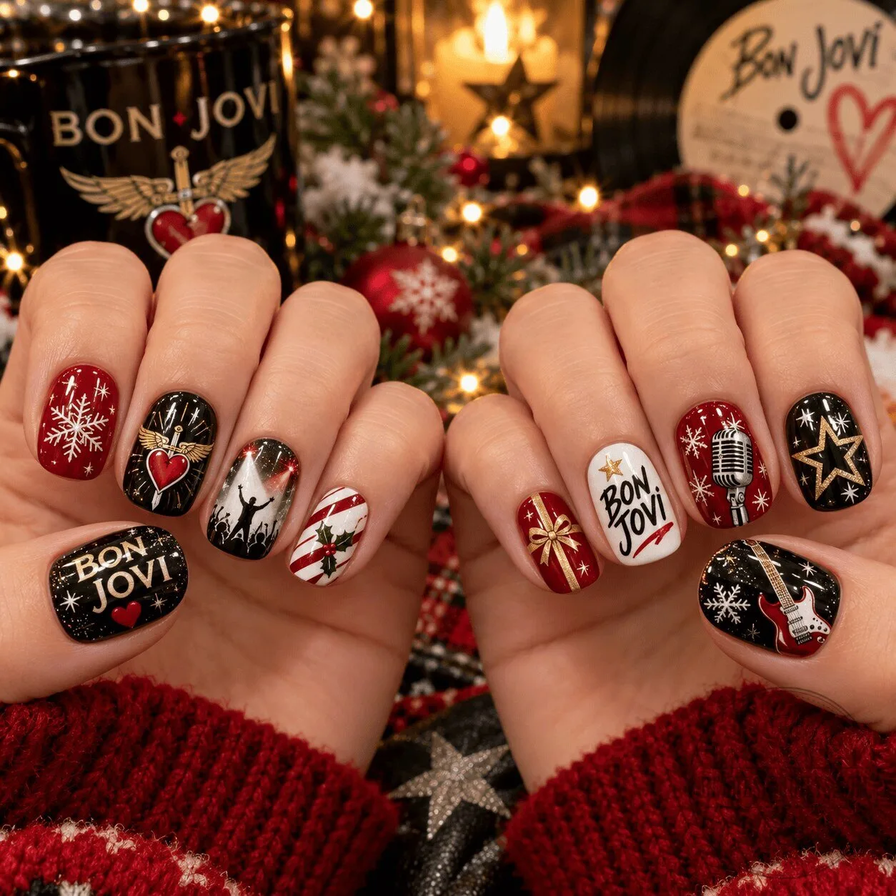 Bon Jovi Christmas Holiday Music Band Press On Nails Set 1 Bon Jovi Christmas Holiday Music Band Press On Nails Set