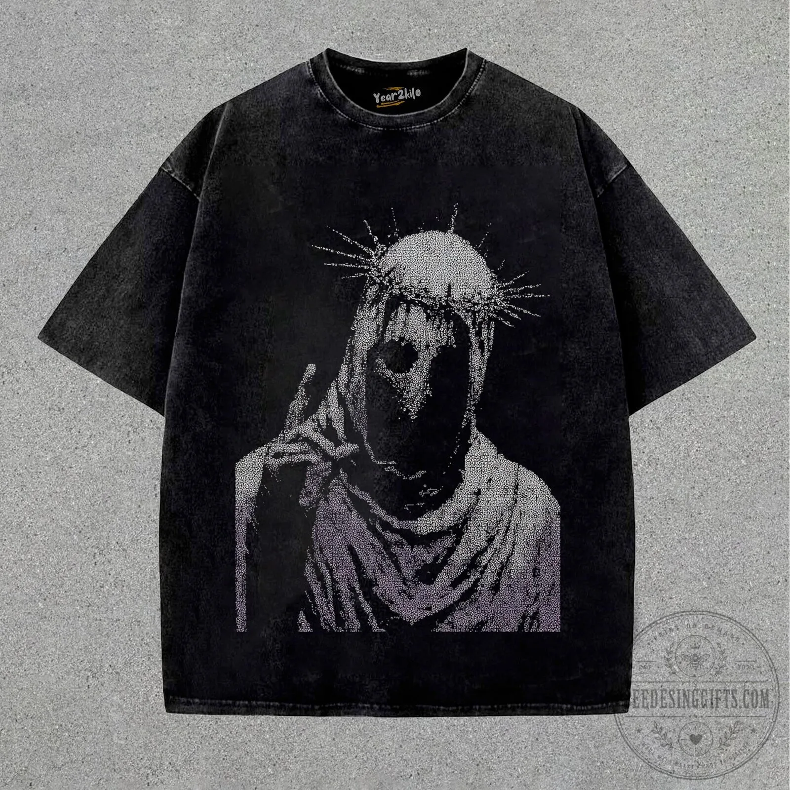Horrible Skull V1 Graphic Print Washed Black Oversized Short Sleeve T-Shirt