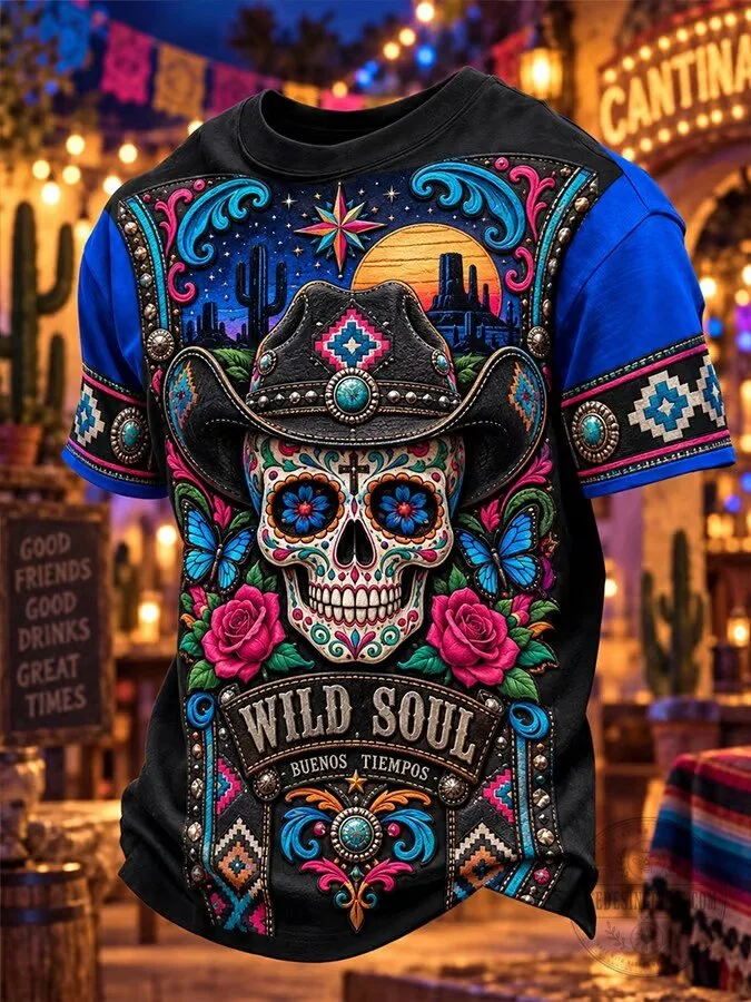 Day of the Dead Sugar Skull Cowboy Hat Wild Soul Men's T-Shirt