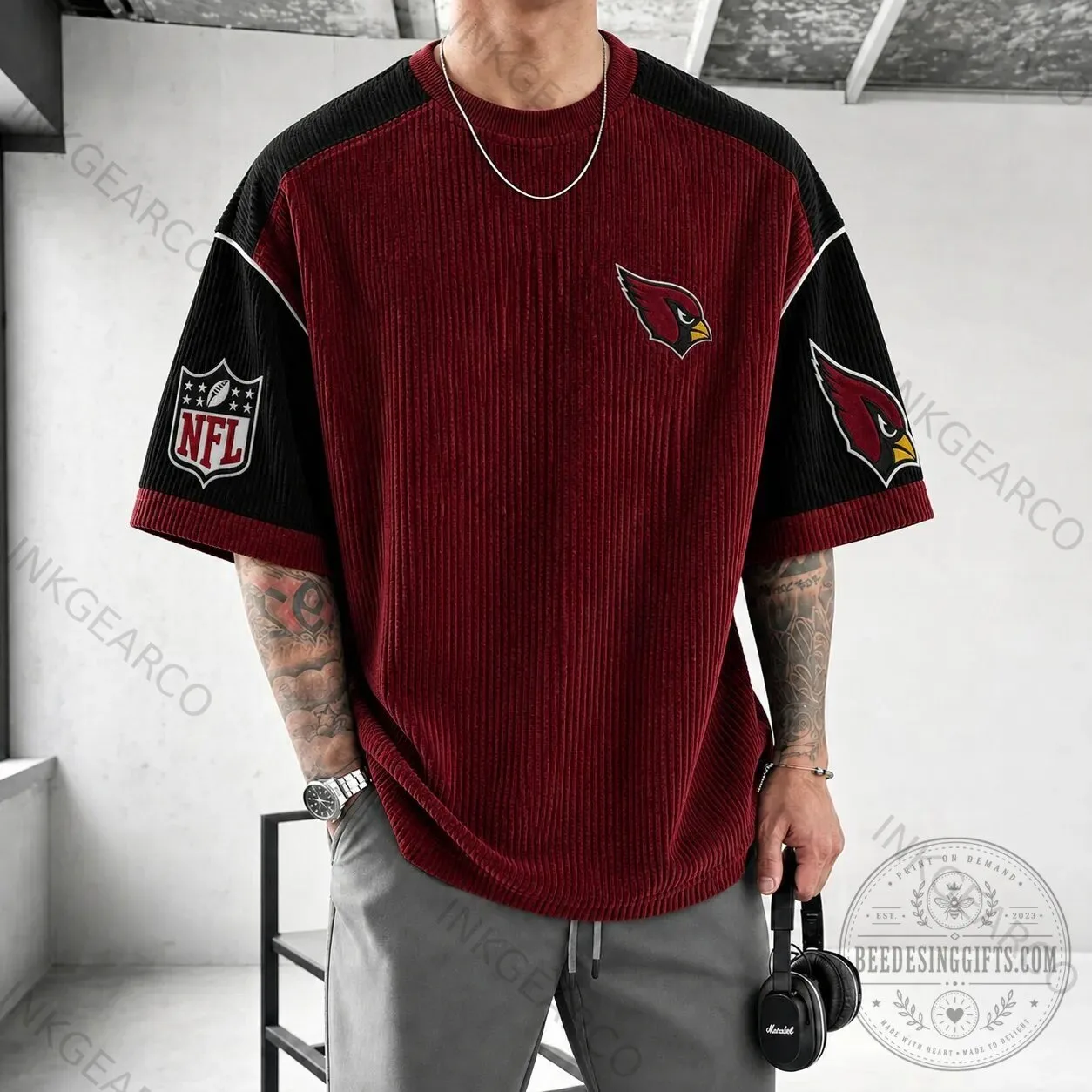 Arizona Cardinals NFL Team Logo Corduroy Oversized Short Sleeve T-Shirt
