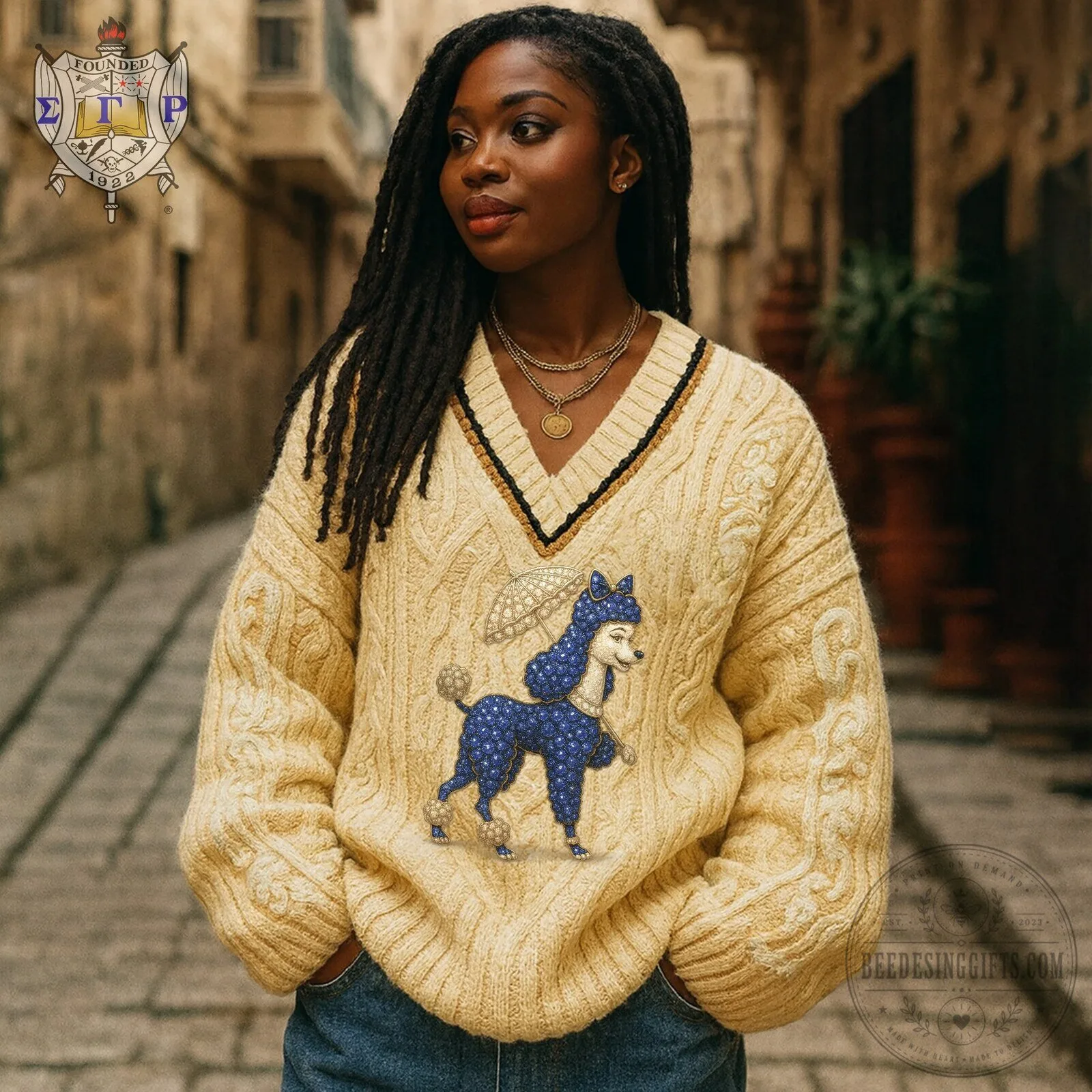 Sigma Gamma Rho Sorority Cable Knit V-Neck Sweater with Poodle Design