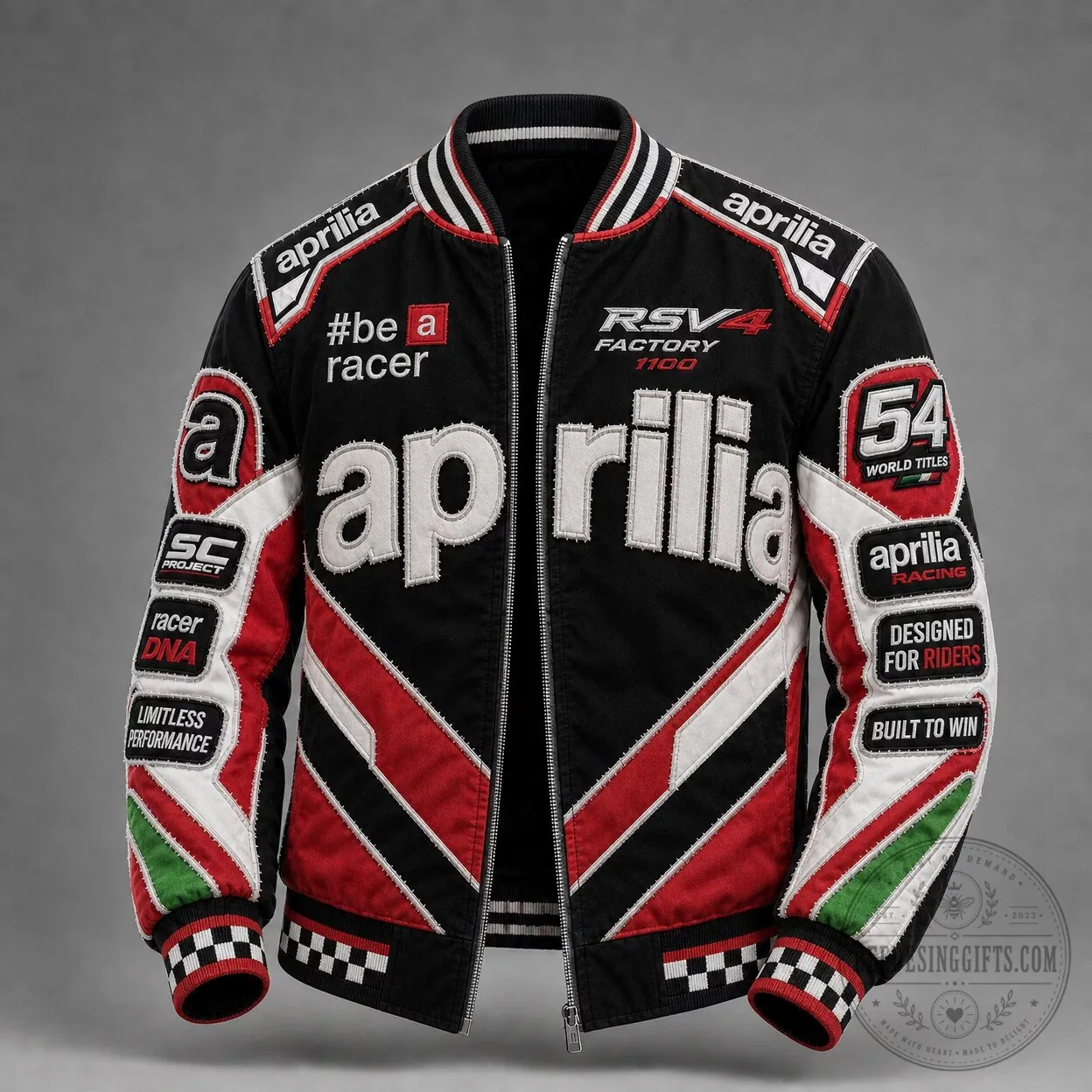 Aprilia Racing Motorcycle Bomber Jacket with Embroidered Logos and Patches