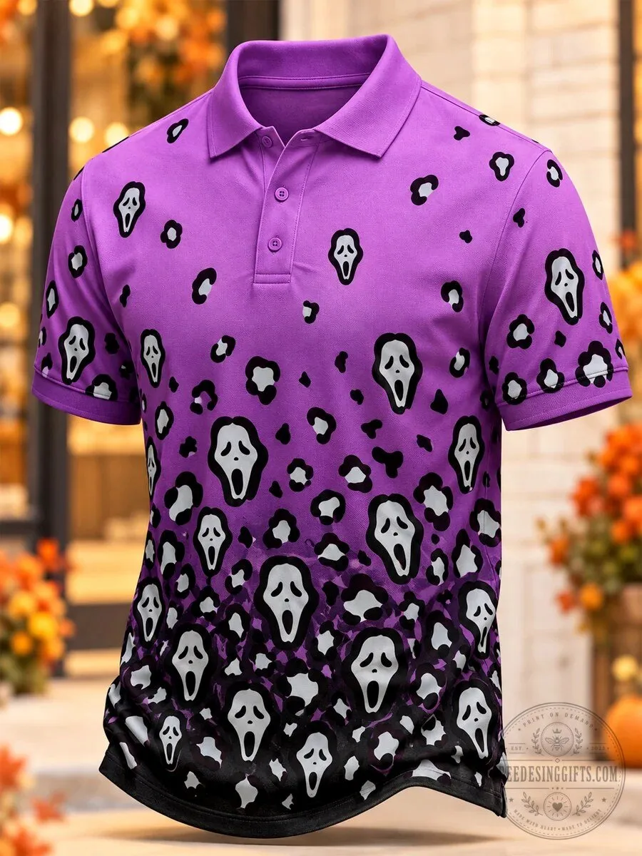 Scream Ghostface Halloween Purple Leopard Print Men's Polo Shirt