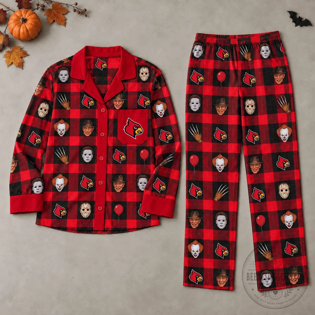 Louisville Cardinals Halloween Horror Movie Characters Plaid Pajamas Set