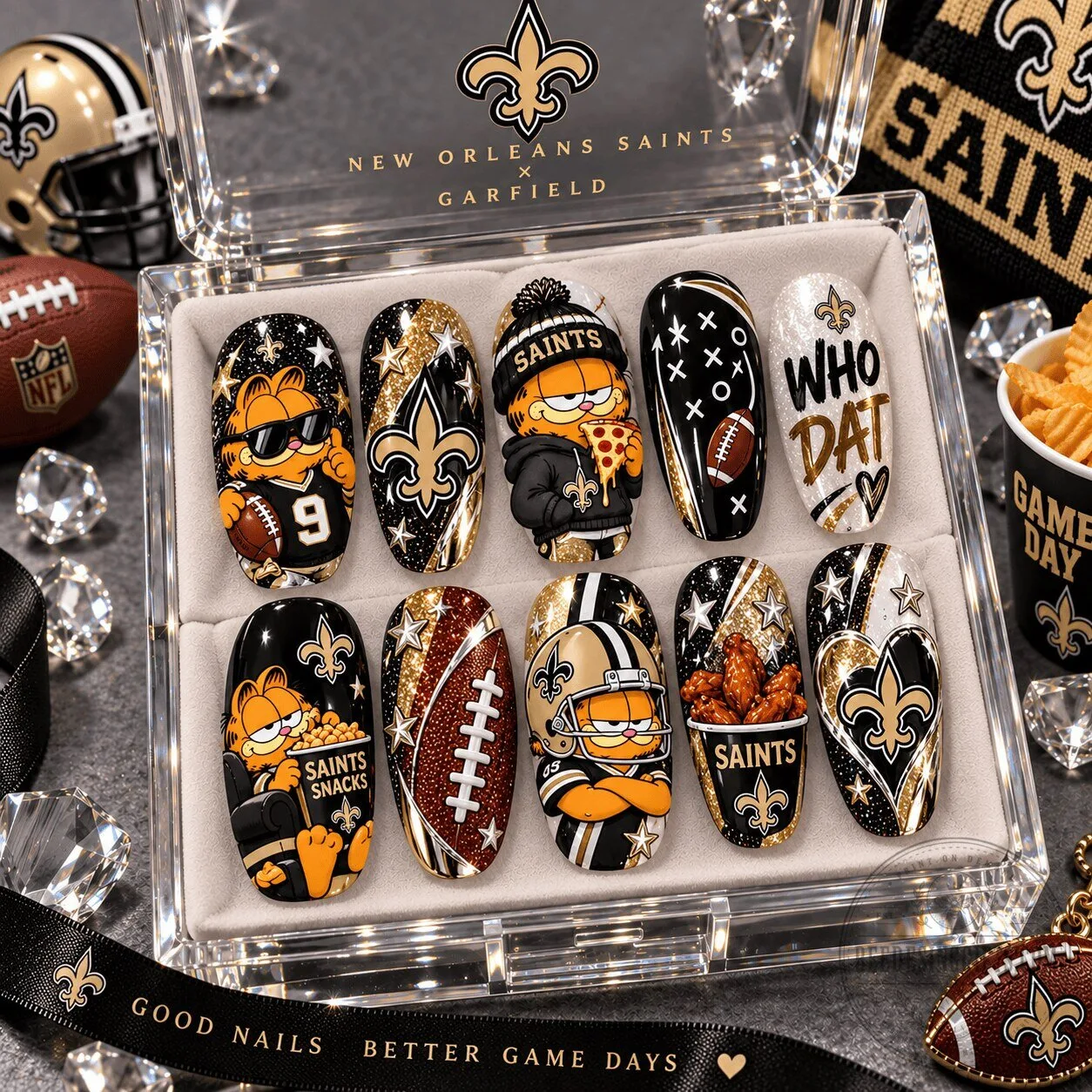 New Orleans Saints Garfield Game Day Football Fan Press-On Nails Set 3 New Orleans Saints Garfield Game Day Football Fan Press-On Nails Set
