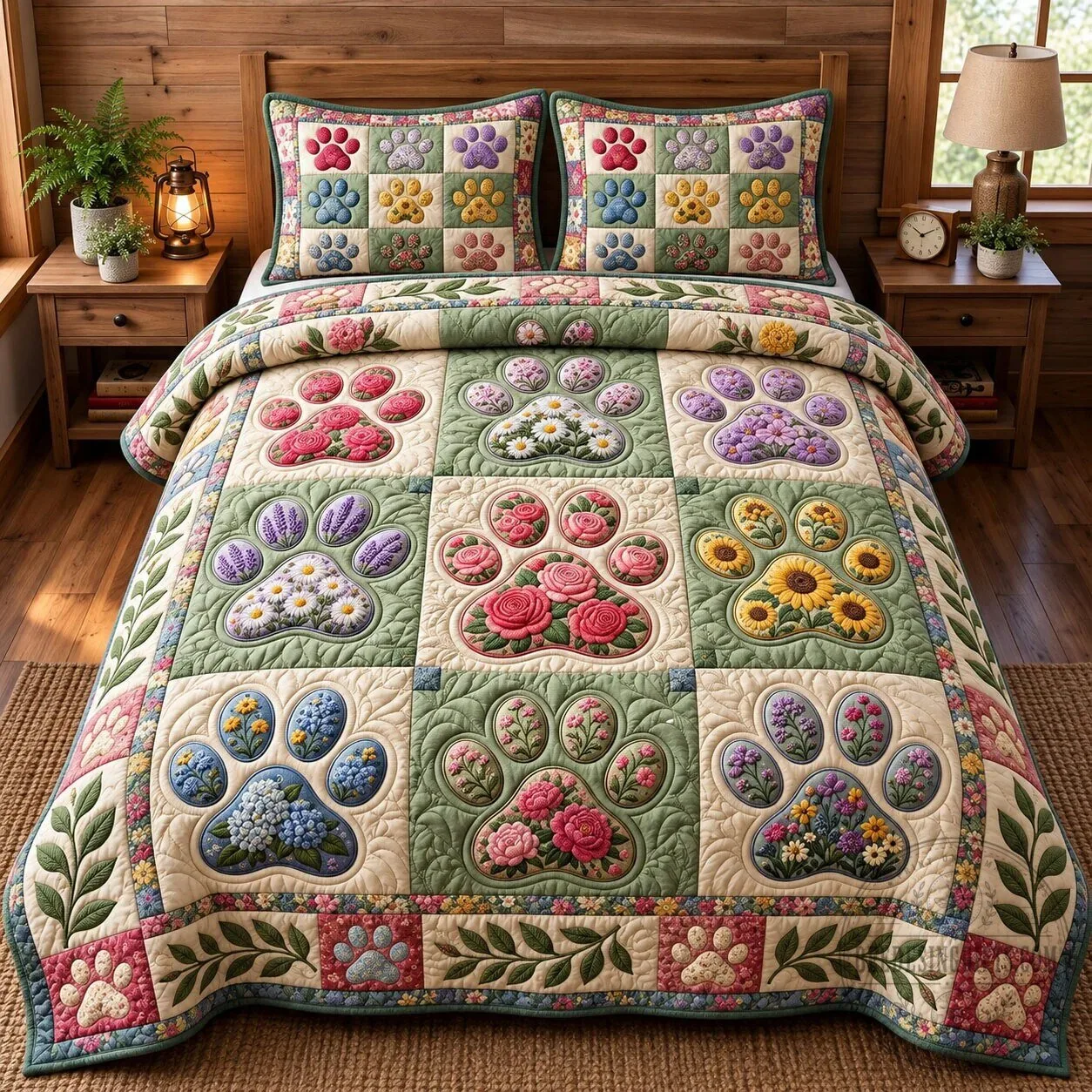 Floral Paw Print Quilted Bedding Set with Pillow Shams