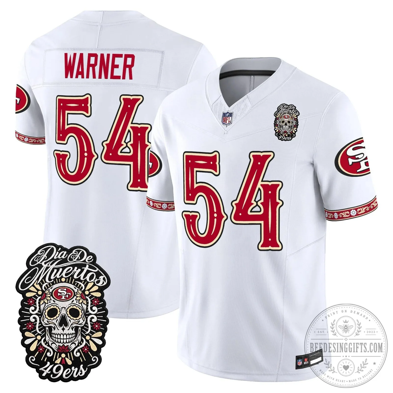 Dia de los Muertos Football Jersey for Fred Warner of the San Francisco 49ers 54 Dia de los Muertos Football Jersey for Fred Warner of the San Francisco 49ers