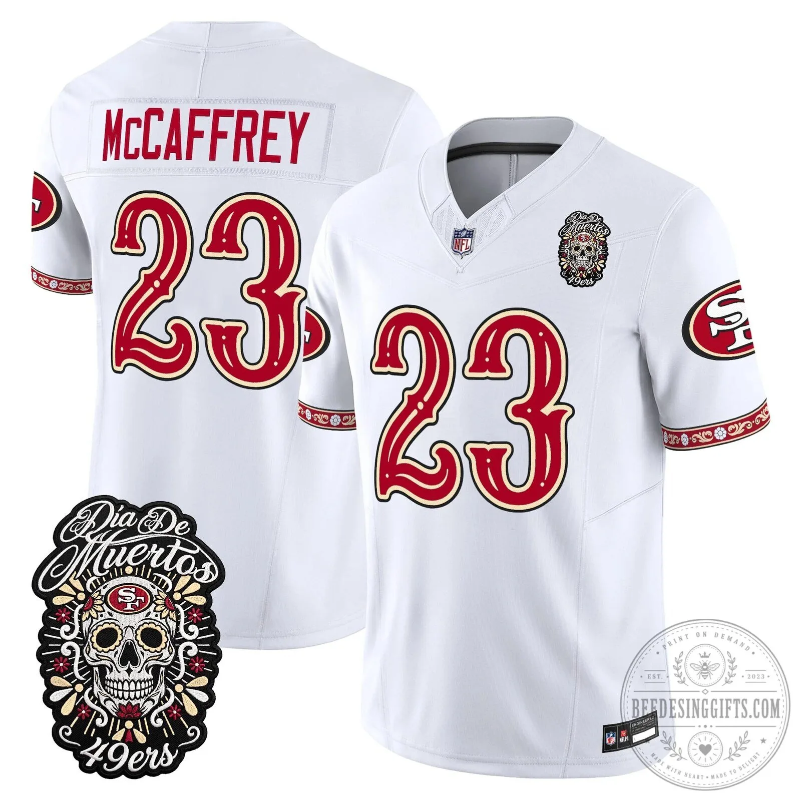 Dia de los Muertos Football Jersey for Fred Warner of the San Francisco 49ers 57 Dia de los Muertos Football Jersey for Fred Warner of the San Francisco 49ers