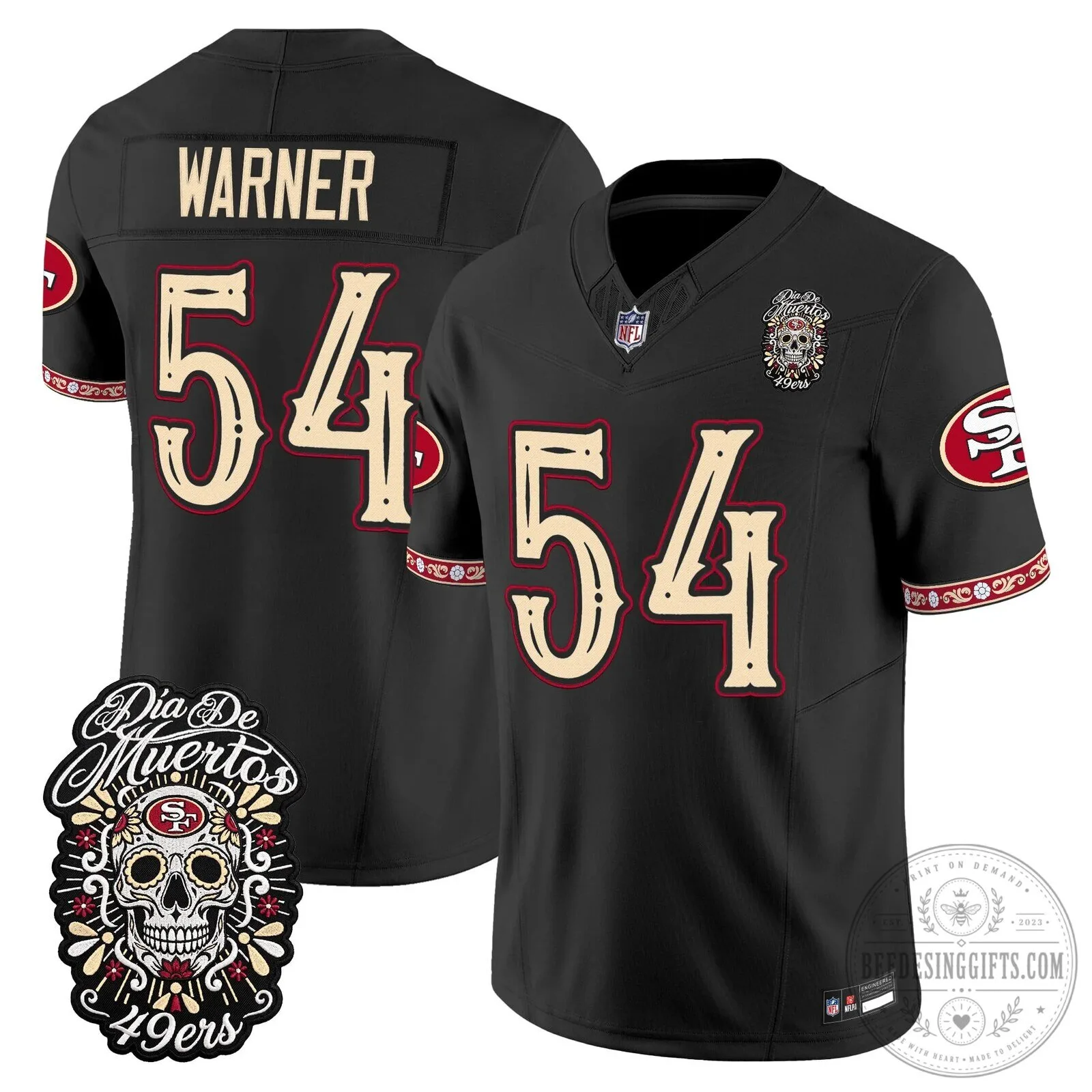Dia de los Muertos Football Jersey for Fred Warner of the San Francisco 49ers 64 Dia de los Muertos Football Jersey for Fred Warner of the San Francisco 49ers
