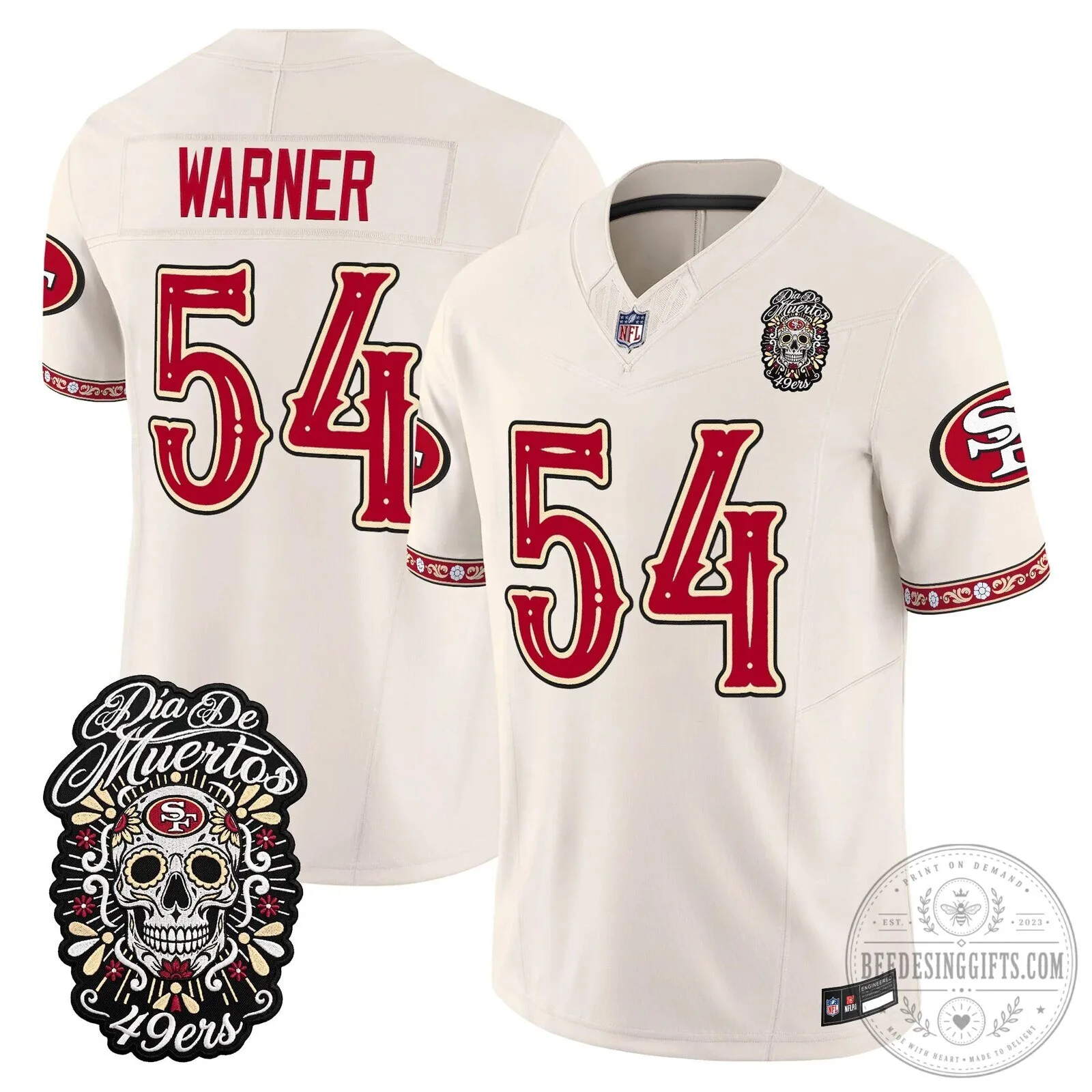 Dia de los Muertos Football Jersey for Fred Warner of the San Francisco 49ers 74 Dia de los Muertos Football Jersey for Fred Warner of the San Francisco 49ers