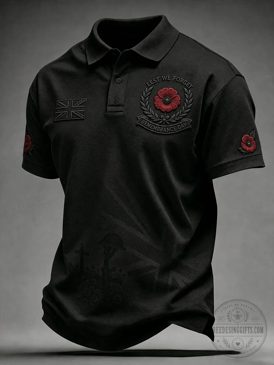 Lest We Forget Remembrance Day Poppy Emblem Polo Shirt