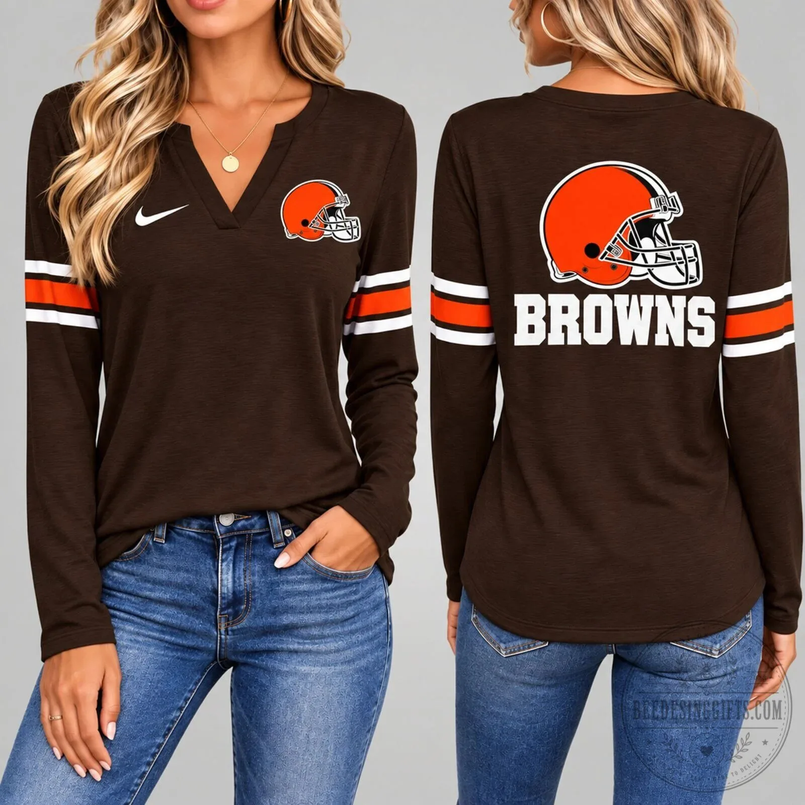Cleveland Browns Women's Football Team Logo V-Neck Long Sleeve Shirt 2 Cleveland Browns Women's Football Team Logo V-Neck Long Sleeve Shirt