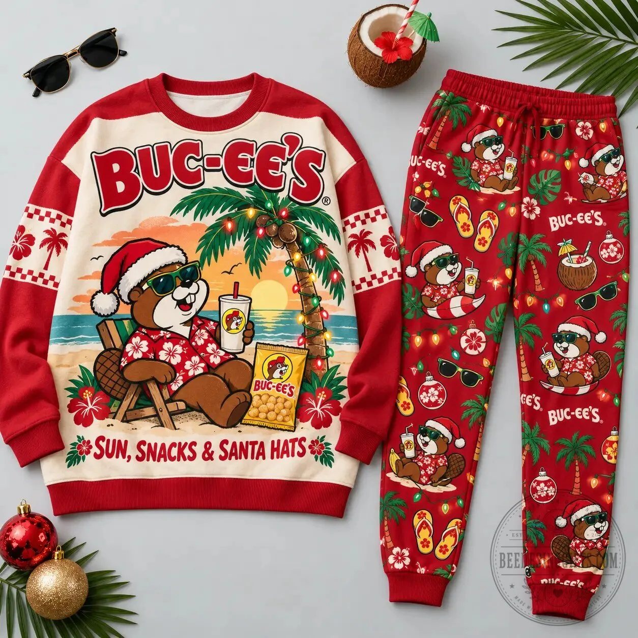 Buc-ee's Tropical Christmas Sun Snacks and Santa Hats Crewneck Sweatshirt
